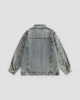 Gray-blue patch denim jacket, back view