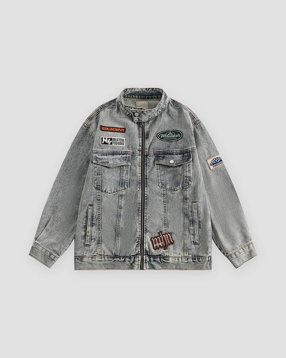 Gray-blue patch denim jacket, front view, zip front and embroidered patches