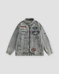 Gray-blue patch denim jacket, front view, zip front and embroidered patches