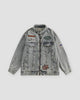 Gray-blue patch denim jacket, front view, zip front and embroidered patches