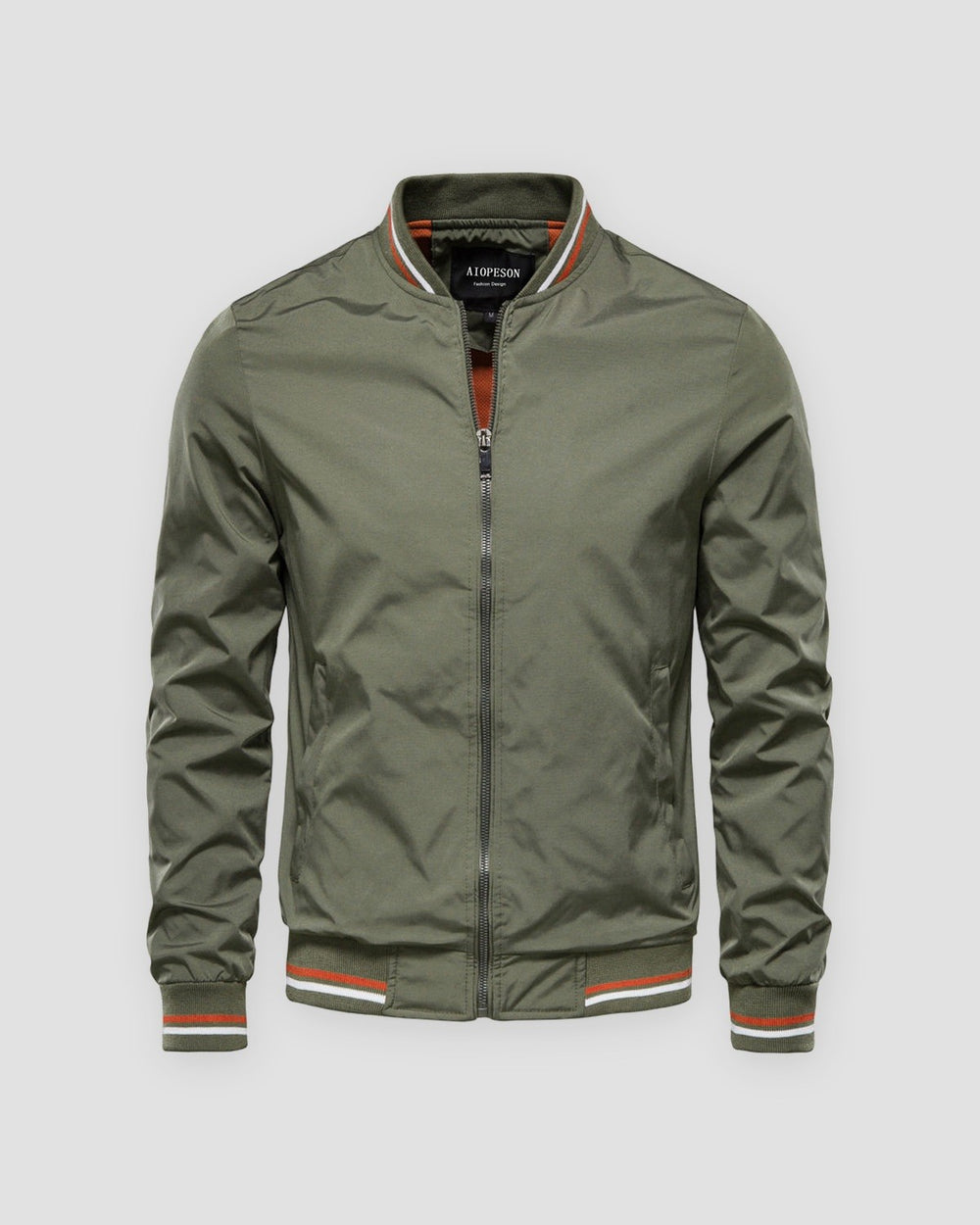 Army green stand-collar bomber jacket, front view, striped rib trims