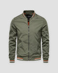 Army green stand-collar bomber jacket, front view, striped rib trims