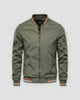 Army green stand-collar bomber jacket, front view, striped rib trims