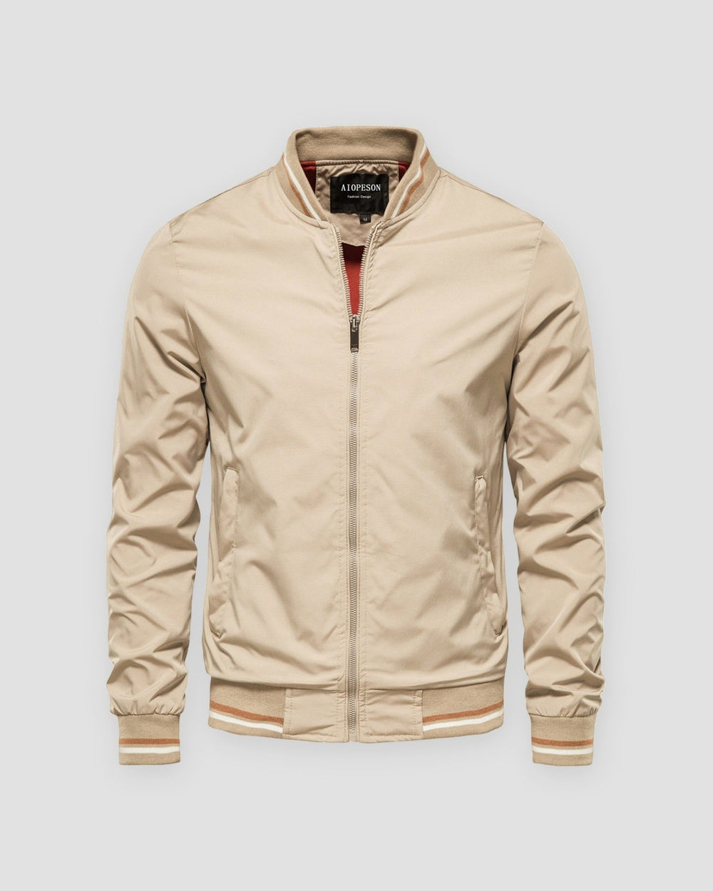 Beige stand-collar bomber jacket, front view, striped rib trims