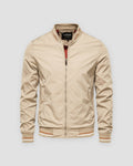 Beige stand-collar bomber jacket, front view, striped rib trims