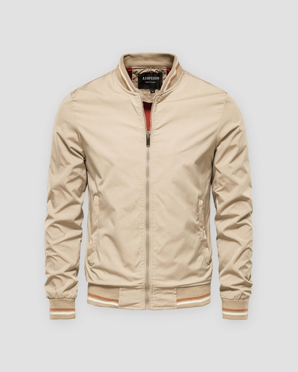 Beige stand-collar bomber jacket, front view, striped rib trims