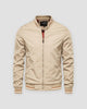 Beige stand-collar bomber jacket, front view, striped rib trims