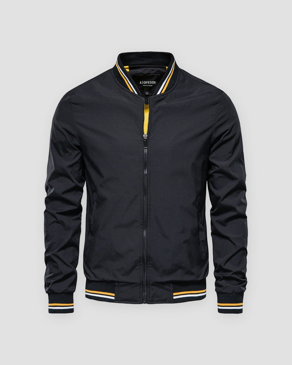 Black stand-collar bomber jacket, front view, yellow and white striped rib trims