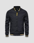 Black stand-collar bomber jacket, front view, yellow and white striped rib trims