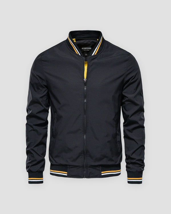 Black stand-collar bomber jacket, front view, yellow and white striped rib trims