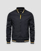 Black stand-collar bomber jacket, front view, yellow and white striped rib trims