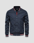 Navy stand-collar bomber jacket, front view, red and white striped rib trims