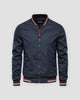 Navy stand-collar bomber jacket, front view, red and white striped rib trims