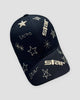 Black baseball cap with gold embroidered stars, sparks and the word star on the brim
