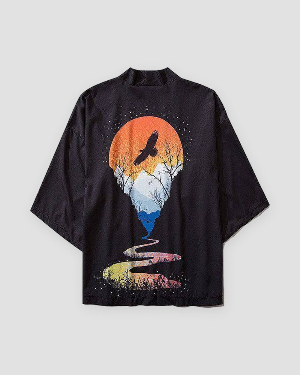 Black haori jacket, back view with an orange sun, a black bird over blue mountains and a winding river