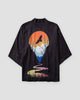 Black haori jacket, back view with an orange sun, a black bird over blue mountains and a winding river