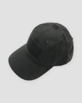 Black ripstop baseball cap with a large hook-and-loop panel on the front and a smaller one on the crown