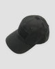 Black ripstop baseball cap with a large hook-and-loop panel on the front and a smaller one on the crown
