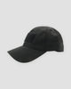Black ripstop baseball cap from the side with a long curved brim and a front hook-and-loop panel