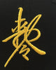 Close-up of the gold cursive talisman sign embroidered on black cotton