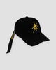 Black baseball cap with a gold embroidered Taoist talisman sign and a long strap tail