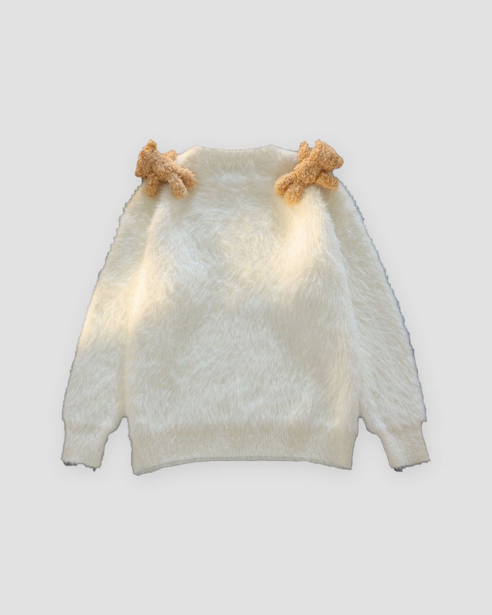 Cream fuzzy knit sweater, back view, two bears climbing over the shoulders