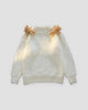 Cream fuzzy knit sweater, back view, two bears climbing over the shoulders