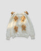 Cream fuzzy knit sweater with six plush teddy bears, front view