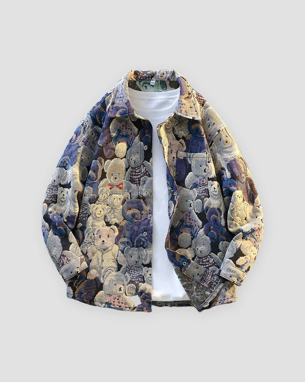 Teddy bear jacquard overshirt, front view, open over a white tee
