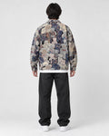 Model wearing the teddy bear jacquard overshirt, back view
