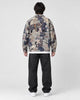 Model wearing the teddy bear jacquard overshirt, back view