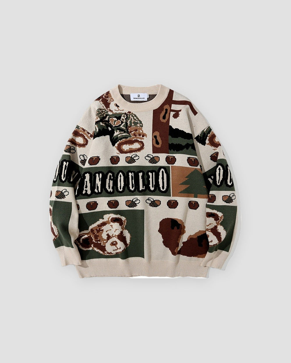 Beige teddy bear patchwork jacquard sweater, front view