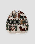 Beige teddy bear patchwork jacquard sweater, front view