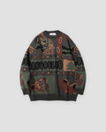 Charcoal teddy bear patchwork jacquard sweater, front view