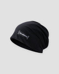 Black slouchy beanie in a thin honeycomb knit with a small black woven label