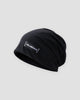 Black slouchy beanie in a thin honeycomb knit with a small black woven label