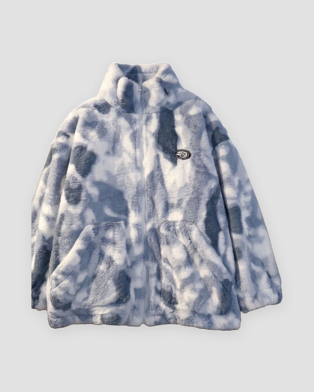Blue and white tie-dye plush jacket with a stand collar, front zip and two large pockets, laid flat