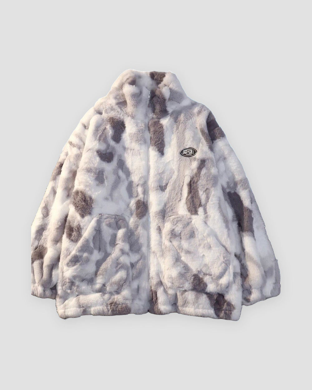 Gray and white tie-dye plush jacket with a stand collar, front zip and two large pockets, laid flat