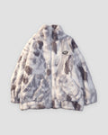 Gray and white tie-dye plush jacket with a stand collar, front zip and two large pockets, laid flat