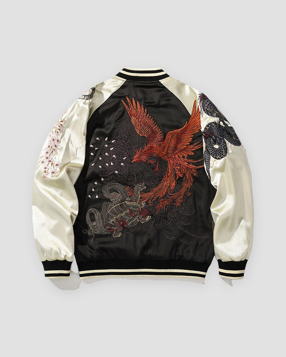 Cream and black tiger and dragon sukajan, back view, embroidered phoenix