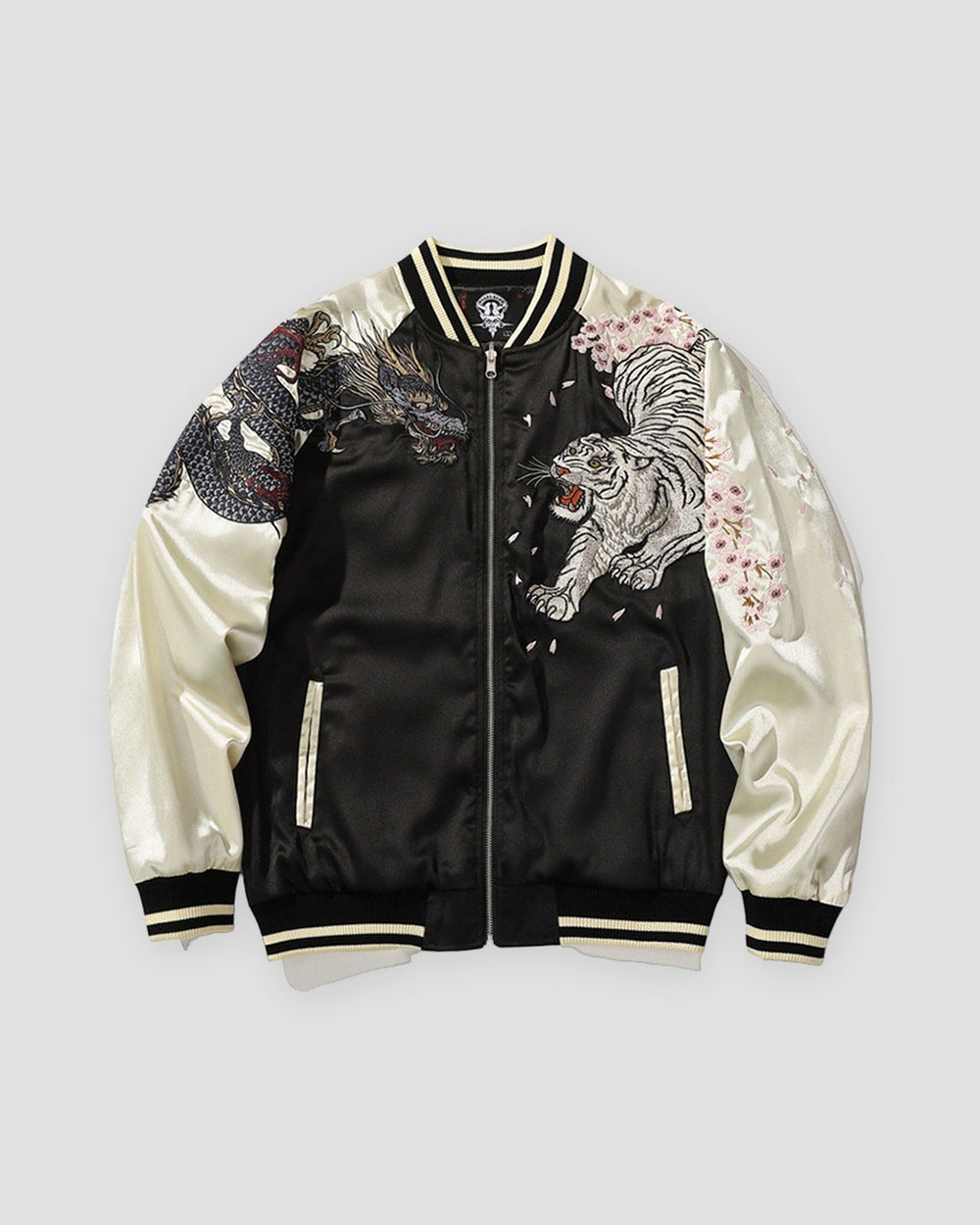 Cream and black sukajan, front view, white tiger and dragon with pink blossoms