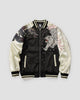 Cream and black sukajan, front view, white tiger and dragon with pink blossoms