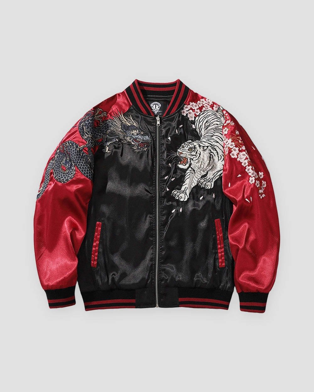 Red and black sukajan, front view, embroidered white tiger and gray dragon