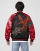 Model wearing the red tiger and dragon sukajan, back view of the phoenix embroidery
