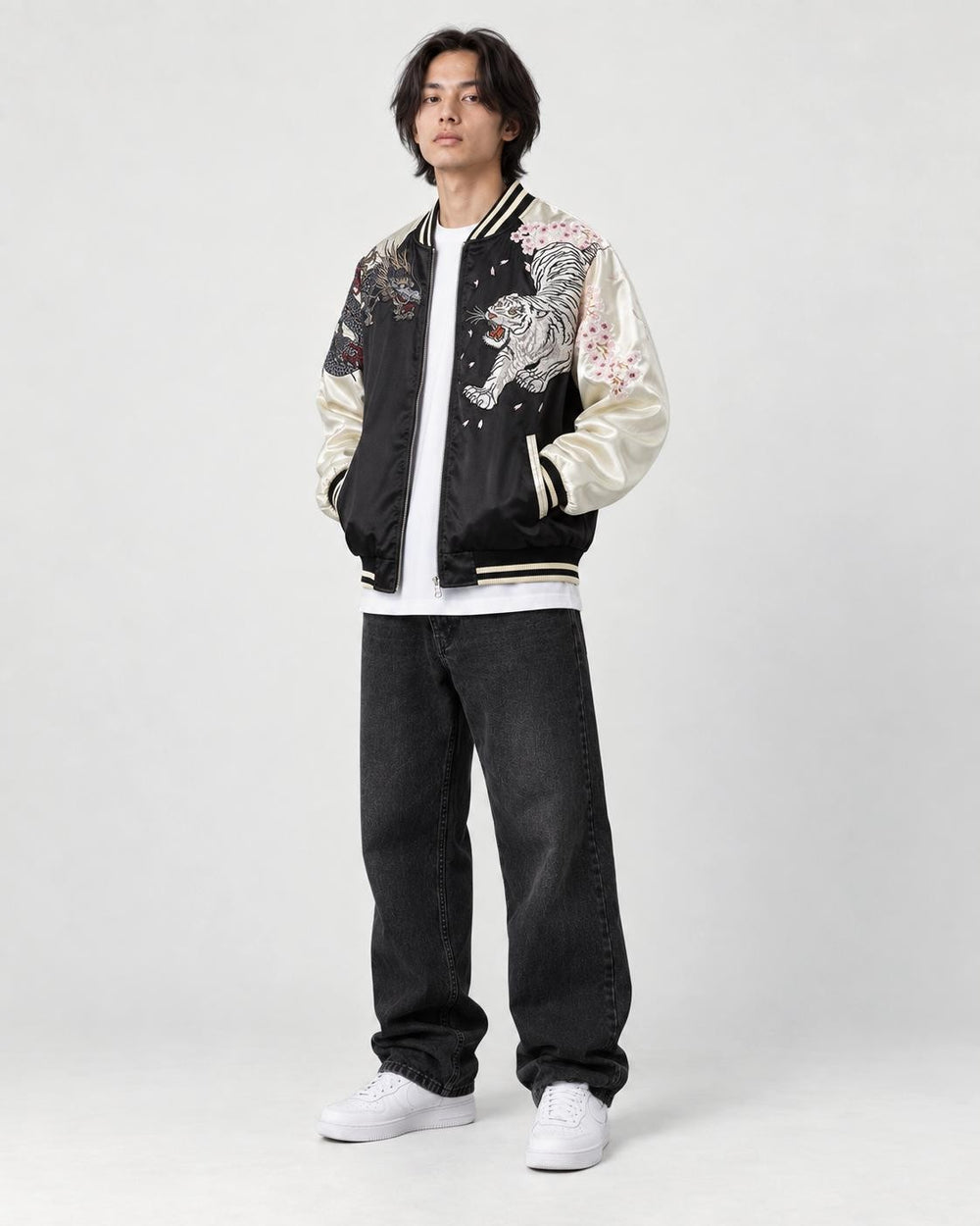 Model wearing the cream-sleeved tiger and dragon sukajan, front view