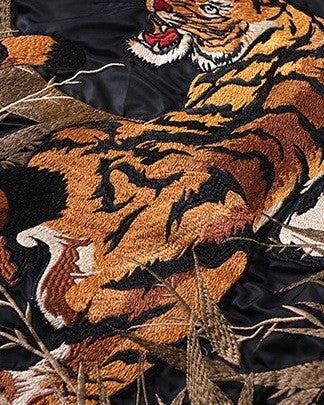 Close-up of the embroidered tiger among bamboo