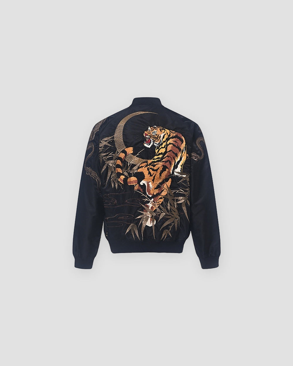 Black tiger and dragon bomber jacket, back view, orange tiger in bamboo under a crescent moon