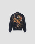 Black tiger and dragon bomber jacket, back view, orange tiger in bamboo under a crescent moon