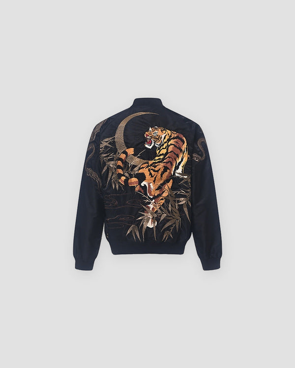 Black tiger and dragon bomber jacket, back view, orange tiger in bamboo under a crescent moon
