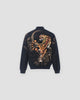 Black tiger and dragon bomber jacket, back view, orange tiger in bamboo under a crescent moon
